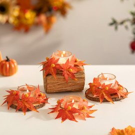 Hewory Fall Candle Holder Centerpiece: Thanksgiving Candle Holders Set of 4 with Maple Leaves Wreath & Berries, Glass Tealight Candle Holder Fall Centerpiece Table Decorations for Thanksgiving Table