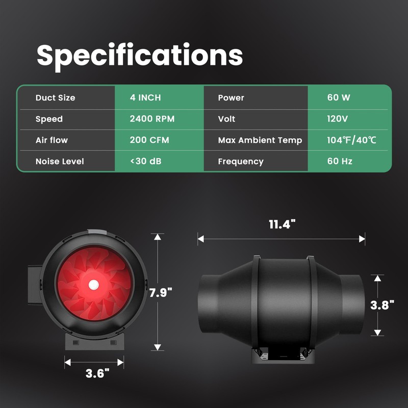4 Inch 200 CFM Inline Duct Fan with Variable Speed