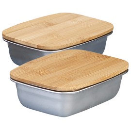 Rosenstein & Söhne Bowl: Set of 2 Stainless Steel Storage Bowls with Bamboo Lid (Stainless Steel Bowl, Chopping Board, Food Storage Containers)