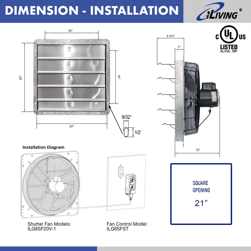 iLIVING 20" Wall Mounted Shutter Exhaust Fan, Automatic Shutter, with