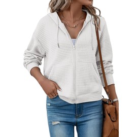 SHEWIN Womens Zip Up Hoodies Oversized Sweatshirt Fall Fashion Outfits 2025 Casual Jackets Waffle Hooded Sweatshirts with Pockets,US 16-18(XL),White