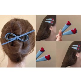 LELETEIL Vintage Denim Bow Twist Hair Clips for Women with 2 Free Heart-Shaped Hair Claws | Retro Blue Jean Hair Barrettes | Premium Hair Accessories with Bowknot Design