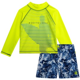 Body Glove Toddler Boys Swim Set - 2 Piece UPF 50+ Quick Dry Swim Trunks and Rash Guard for Boys Kids Swimwear (Sizes: 2T-4T), Size 3T, Yellow Swirl Surf