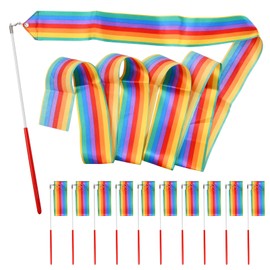 Wisebom Pack of 10 Gymnastics Bands with Stick, 2 m Children's Dance Streamer, Rhythmic Sports Gymnastics Band, Gymnastics Ribbon Dance Bands for Children Adults Artistic Dances Gymnastics (Colourful)