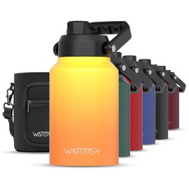 WATERSY Half Gallon Water Bottle Insulated(Cold for 48 Hrs),BPA Free&Leak Proof,64oz Stainless Steel Water Jug/Flask,Big thermos,Large Water Bottle with Handle for Gym,Hiking,Camping,Gradual Yellow