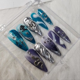 [Handmade Nail Tips] Snake: Four - Year of the Blue Snake - Long Stiletto / [수제네일팁] 뱀 : 사 - 푸른뱀의 해 - 롱스틸레토