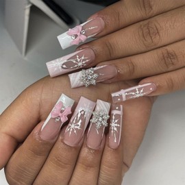 IMRAIN Christmas Press on Nails Long Square White French Fake Nails Full Cover Snowflakes Charms Artificial Nails Press ons Nail Art Tips Glossy Glue on Nails Acrylic False Nails Kit 24Pcs