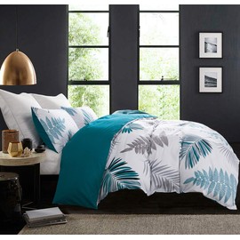 SLEEPBELLA Duvet Cover Full, 600 Thread Count Cotton Leaf Botanical Pattern Print Reversible Comforter Cover Set (Full, Teal Blue-Leaf)