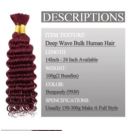 Deep Wave Bulk Human Hair For Braiding 16 Inch 100g/2Bundles Human Braiding Hair Extensions For Boho Braids 99J Burgundy Deep Wave Curly Bulk Human Hair 12A No Weft