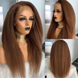 Brown Kinky Straight Wigs 13x6 Lace Front Human Hair Wigs Yaki For Black Women 30# Color Brazilian Remy Hair HD Transparent Lace Pre Plucked With Baby Hair Naturl Hairline 150% Density 14Inch