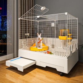 Oneluck Deluxe Rolling Bunny Hutch with Urine Guard,Small Rabbit Cage with Pull Out Tray,Clear Panel for Recording,Easy to Clean