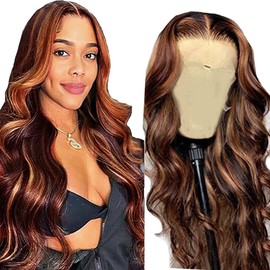 Hxxcoup Women's Real Hair Wig, 5 x 5 Lace Human Hair Wig, P4/30, Highlight Brown Body Wave, Pre-Plucked Hairline with Baby Hair, Unprocessed Hair, Transparent Lace for Women, Minimal Smell, 30 Inches