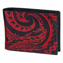 Hawaiian Shark Tattoo Flip ID Billfold Wallet for Men, Genuine Leather, "Mano" Tattoo art by Kuaika Quenga (Black with Red Art) from NAKOA