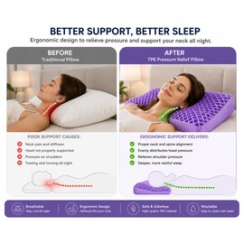 Purple Memory Foam Contour Pillow with Breathable Air Layer, Water Washable, Zero Pressure Neck Pillow