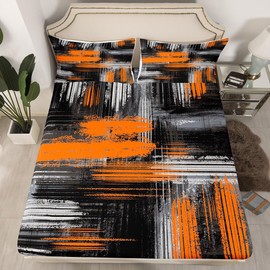 Abstract Orange and Black Bedding Set Abstract Graffiti Art Bed Sheet Set Geometric Artistic Smear Fitted Sheet for Kids Boys Girls Grunge Orange Ombre Bed Cover Breathable Bed Set Double