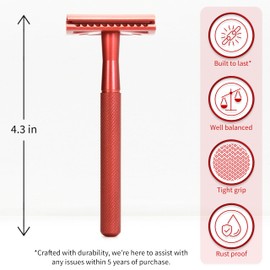 Bambaw Bambaw Single Blade Double Edged Safety Razor with 5 Safety Razor Blades, Metal Razor for Men & Women, Single Blade Eco Razor C Red