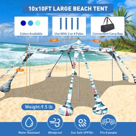 Wabolay Beach Tent Canopy Pop Up Shade 10x10ft Sun Shelter Portable Family UPF50+ with 8 Sandbags-2 Sand Shovel-4 Aluminum Poles-Ground Pegs-Carrying Bag for Outdoor Camping Fishing Backyard Picnic