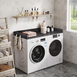 IYANEN 57.1" W x27.5 D Washer Dryer Countertop, Heavy Duty Metal Laundry Countertop with Hooks & Edge Rails, Washer Dryer Topper for Laundry Room Organization