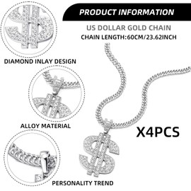 EULAPGOE 4 Pieces Plated Chain Dollar Necklace for Men with Dollar Sign Pendant Necklace, Dollar Necklace (Silver)