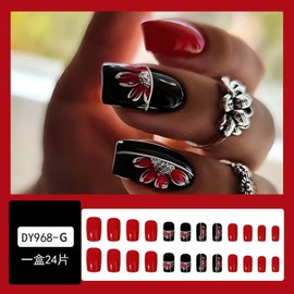 Medium Press on Nails Square Fall Fake Nails Black Red False Nails with Maple Leaf Designs Acrylic Nails Autumn Glue on Nail Glossy Medium Artificial Thanksgiving Day Stick on Nail for Women Girls