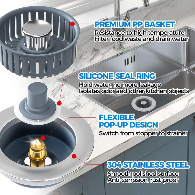 Upgraded 2Pack 3in1 Kitchen Sink Drain Strainer & Sink Stopper,