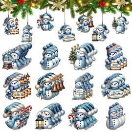 36pcs Christmas Wooden Ornaments, Dark Blue Winter Theme, 12 Snowman Design, Holiday Tree Decorations
