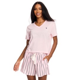 U.S. Polo Assn. Pajama Sets for Women 2 Piece with Knit Tee and Woven Pajama Shorts, PJ Set (Light Pink Heather, X-Small)