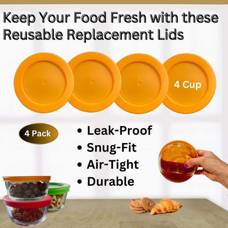 4 Cup/950 mL Orange Replacement Lids/Covers for Pyrex 7201-PC, 4