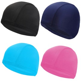 4 Stück Unisex Elastische Badekappen, Bequemer Stoff Schwimmkappe, Komfortable Stoff Badekappe, Schwimmhaube Weiche Hochelastisch und Strapazierfähige für mädchen Lange Kurzes Haar Herren Kinder