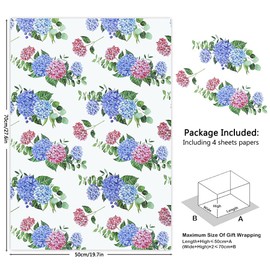 Floral Gift Wrapping Paper, Hydrangeas Wrapping Paper for Girls Lady Women, 4 Sheets Elegant Bridal Shower Engagement Gift Wrap For Birthday Wedding Anniversary Valentine's Day