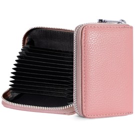 GEEADNB Credit Card Holder Leather Small Genuine Leather Credit Card RFID Protection Credit Cards 14 Compartments Business Card Case with Zip for Men and Women, pink, Classic
