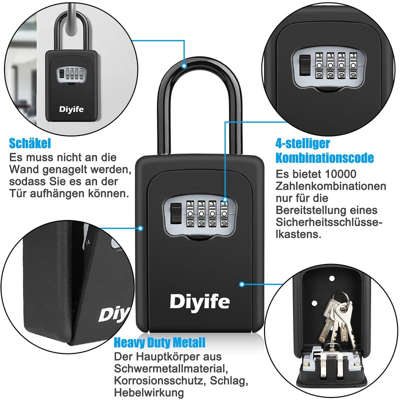Diyife Key Box with Shackle, Wall Mounted, Key Safe for