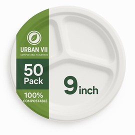 URBAN VII 9-Inch Compostable Paper Plates [50-Pack] – Heavy-Duty Disposable Plates Made from Bagasse (Sugarcane Fiber), Eco-Friendly Biodegradable Dinnerware, Microwave-Safe & Leak-Proof