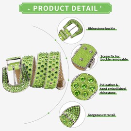 TINIDI Luxury Strap Men Women Rhinestones Belt Western Bling Bling Crystal Diamond Studded Belts (Fit Waist 36-38 inches, All Green)