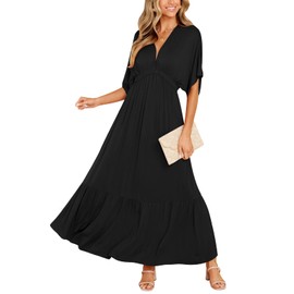 DEEP SELF Women's Black Deep V Neck Short Sleeves Maxi Dress Hight Waist Casual Loose Long Summer Beach Vacation Dress