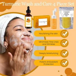 Turmeric Wash and Care 4 Piece Set - Lemon Turmeric Kojic Soap Bar & Cleansing Pads & Face Wash & Essential Oil, Jabon de Curcuma, Deep Cleansing Exfoliating Scrub Pads for Face & Body (A)