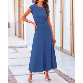 BTFBM Women Two Piece Skirt Set Summer 2025 Casual Vacation Crew Neck Short Sleeve Cropped Top Elastic Waist Midi Skirts(Deep Blue, Small)