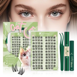 Cat Eye Lash Extension Kit KEYYOU Lash Clusters Kit 96pcs Cat Wispy Natural Lashes Clusters with Lash Bond and Seal,Lash Tweezers,Lash Remover for DIY at Home（Sweet Kitty）