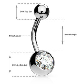 JEWEL BARREL Belly Button Bars with CZ Gems - 14G (1.6mm), 10mm Length, Surgical Steel