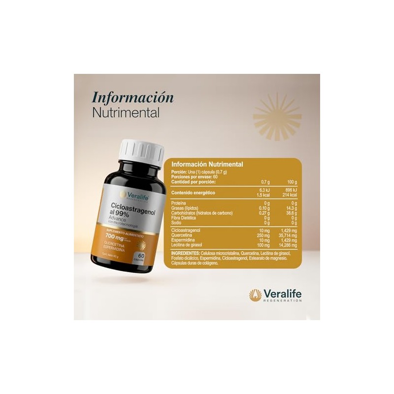Veralife Cicloastragenol Quercetina Espermidina Capsulas Premiun Microtecnologia