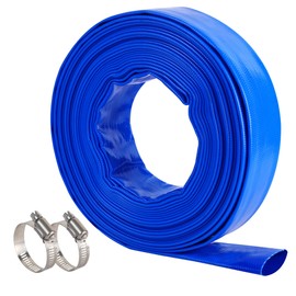Geowaky 1-1/4" x 50 FT Pool Backwash Hose, Blue Heavy Duty Reinforced PVC Lay Flat Water Discharge Hose for Swimming Pool Filter Pump,with 2 Clamp