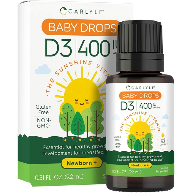 Vitamin D3 Baby Drops | 400 IU | 9.2 mL | Vegetarian, Non-GMO, Gluten Free Drops for Infants and Newborns | by Carlyle