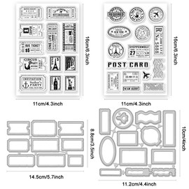 ACRNIGHEET 48Pcs Vintage Clear Stamps and Dies for Card Making Postcards Postmarks Labels Rubber Clear Stamps Retro Template for Album Paper Scrapbooking Photo Journal DIY Crafting