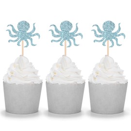 Decoración para cupcakes con diseño de pulpo azul de 24 quilates bajo el mar, para fiestas de cumpleaños, postres, picos de decoración