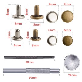 Mesee 120 Sets Leather Rivets and Setting Tool for Fabric,Double Cap Brass Rivets Kit and Snaps,Leather Fasteners,Metal Studs for Shoes/Bag/Jeans/Clothes/Belts Repairs Decoration 6mm 8mm