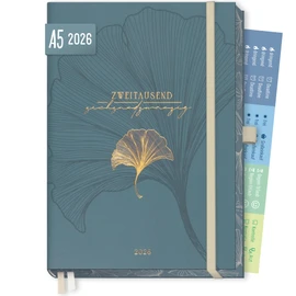 Häfft® Business Timer Deluxe 2026 A5 "Blue Ginkgo" 1 Week 2 Pages - Diary Weekly Calendar Weekly Planner - Sustainable & Climate Friendly