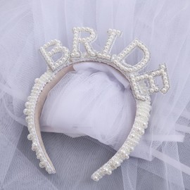 Ragyzity Pearl Bride Headband, Bachelorette Party Decorations, Bride to Be Headband and Veil Wedding Crowns Wedding Headband Bride Pearl Rhinestones Tiara for Wedding, Bridal Shower, Hen Party
