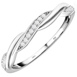 TJC White Cubic Zirconia CZ Crossover Ring for Women in Rhodium Plated 925 Sterling Silver Size S Promise Friendship Band with Prong Setting Metal Wt. 1.7 Grams