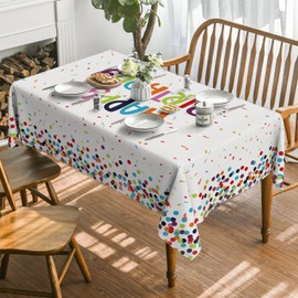 Horaldaily Birthday Tablecloth 60x84 Inch Rectangular, Happy Birthday White Washable Seasonal Table Cover for Party Picnic Dinner Decor
