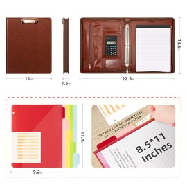 Ospelelf 3 Ring Binder Portfolio Folder with Zipper- Leather Padfolio with Clipboard Storage- Calculator, 12.1” Tablet Sleeve, 5 Dividers with Pocket, Refillable Notepad, Card Slot (Red Brown)
